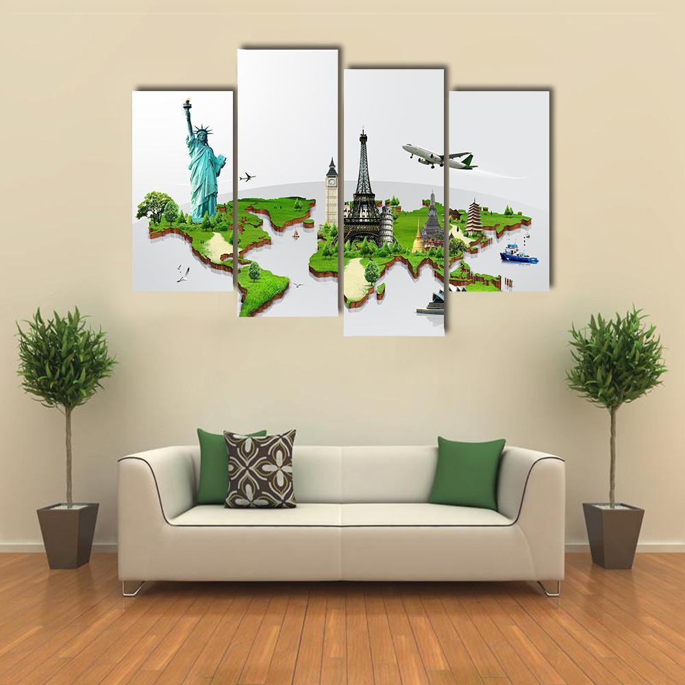 Travel The World Monuments Concept Canvas Wall Art-4 Pop-Gallery Wrap-50" x 32"-Tiaracle