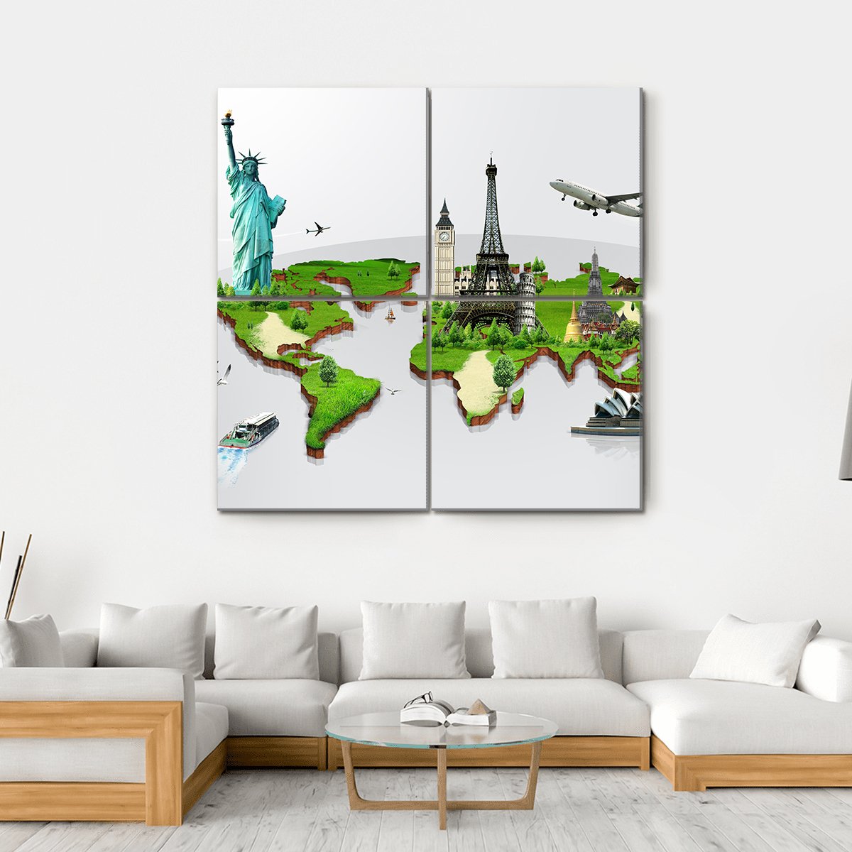 Travel The World Monuments Concept Canvas Wall Art-4 Square-Gallery Wrap-17" x 17"-Tiaracle