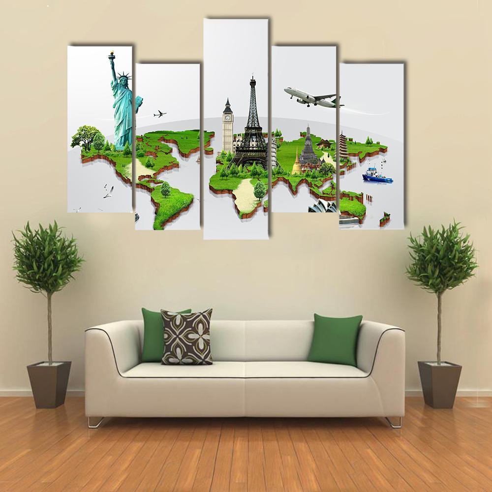 Travel The World Monuments Concept Canvas Wall Art-5 Pop-Gallery Wrap-47" x 32"-Tiaracle