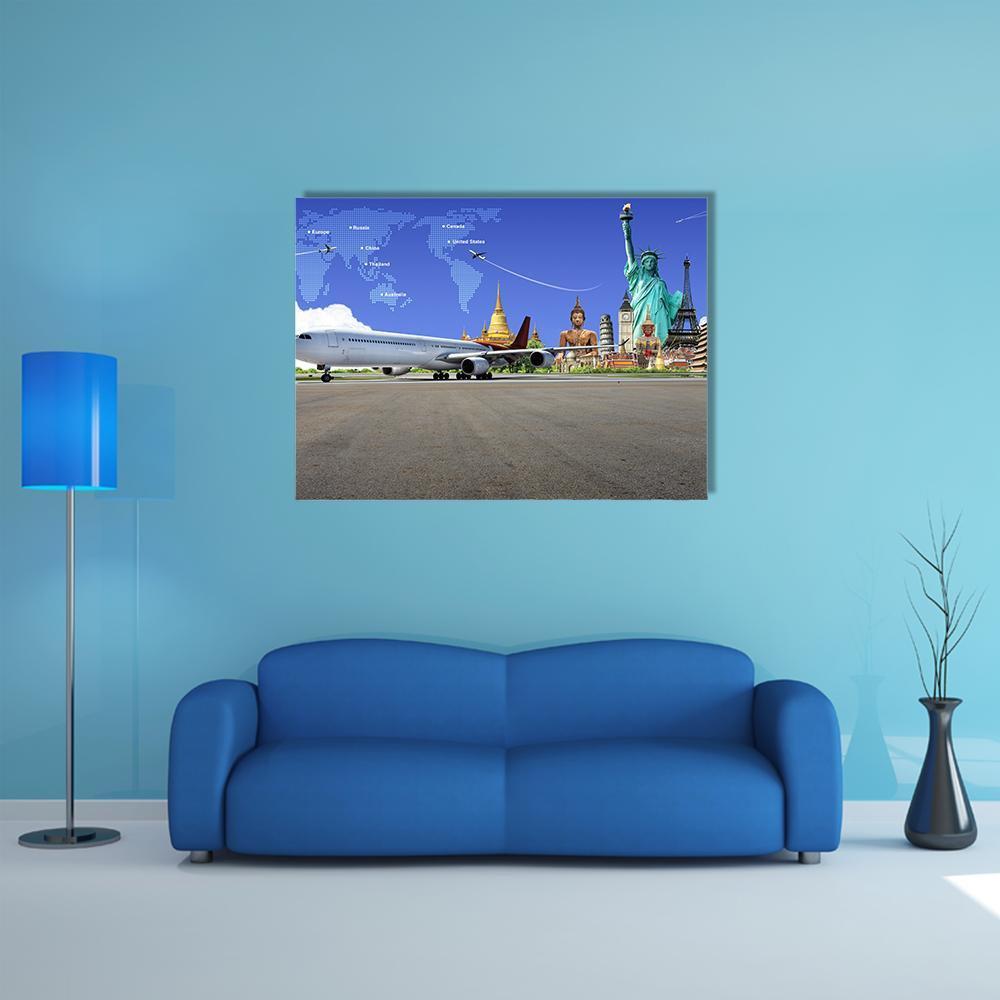 World Map with Flight Paths Canvas Wall Art in white, gray and blue, single panel hung on a wall