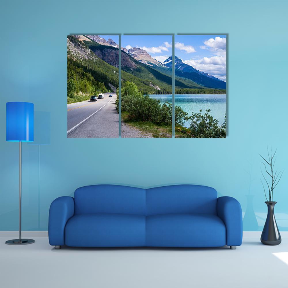 Travelers Along Icefield Parkway With Waterfowl Lake Canvas Wall Art-4 Pop-Gallery Wrap-50" x 32"-Tiaracle