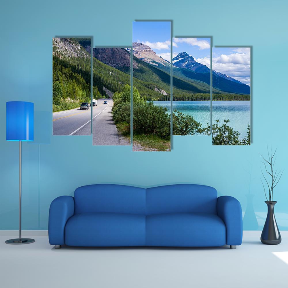 Travelers Along Icefield Parkway With Waterfowl Lake Canvas Wall Art-5 Pop-Gallery Wrap-47" x 32"-Tiaracle