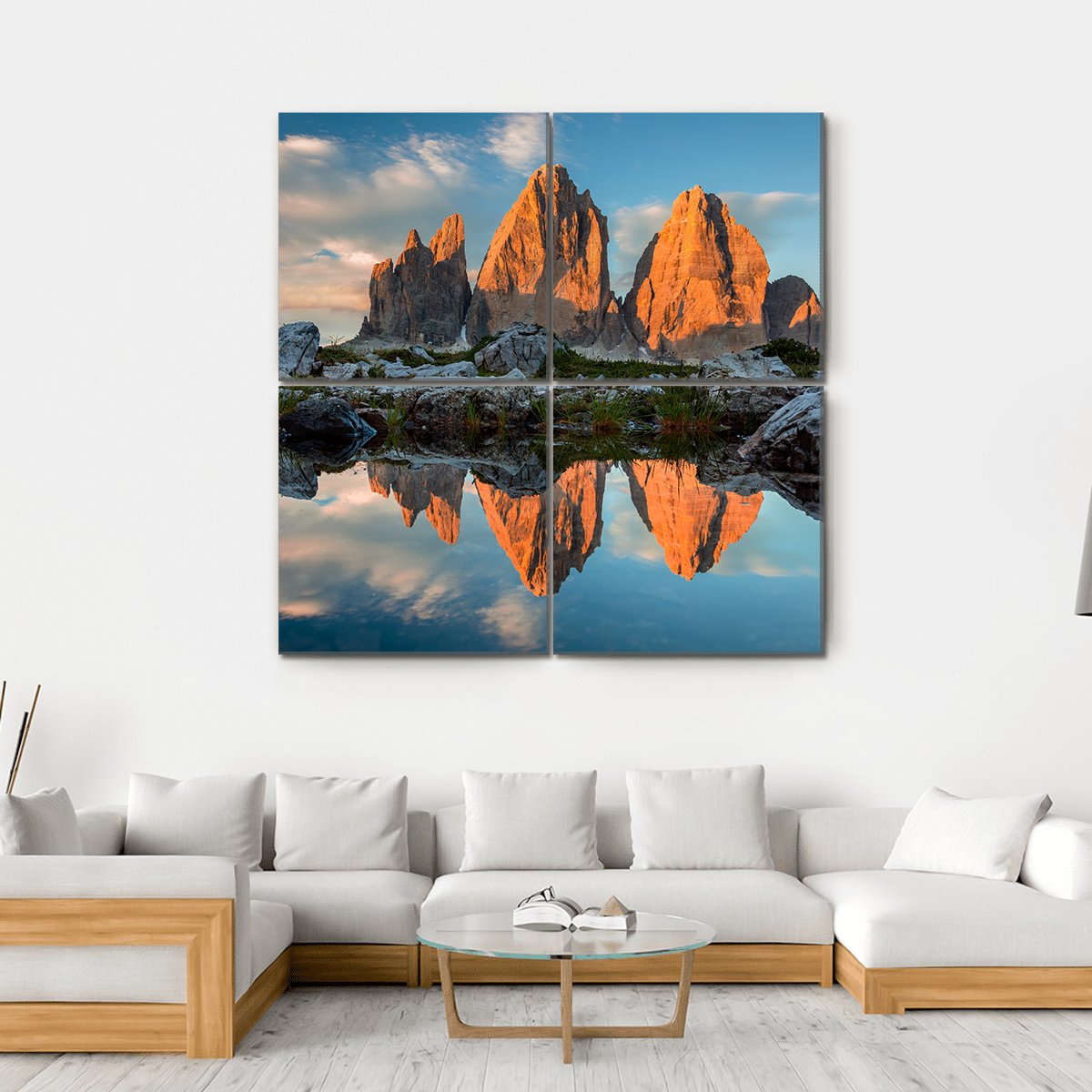 Tre Cime di Lavaredo With Reflection In Lake Canvas Wall Art-4 Square-Gallery Wrap-17" x 17"-Tiaracle
