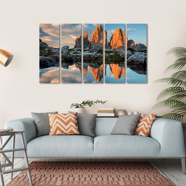 Tre Cime di Lavaredo With Reflection In Lake Canvas Wall Art-5 Horizontal-Gallery Wrap-22" x 12"-Tiaracle