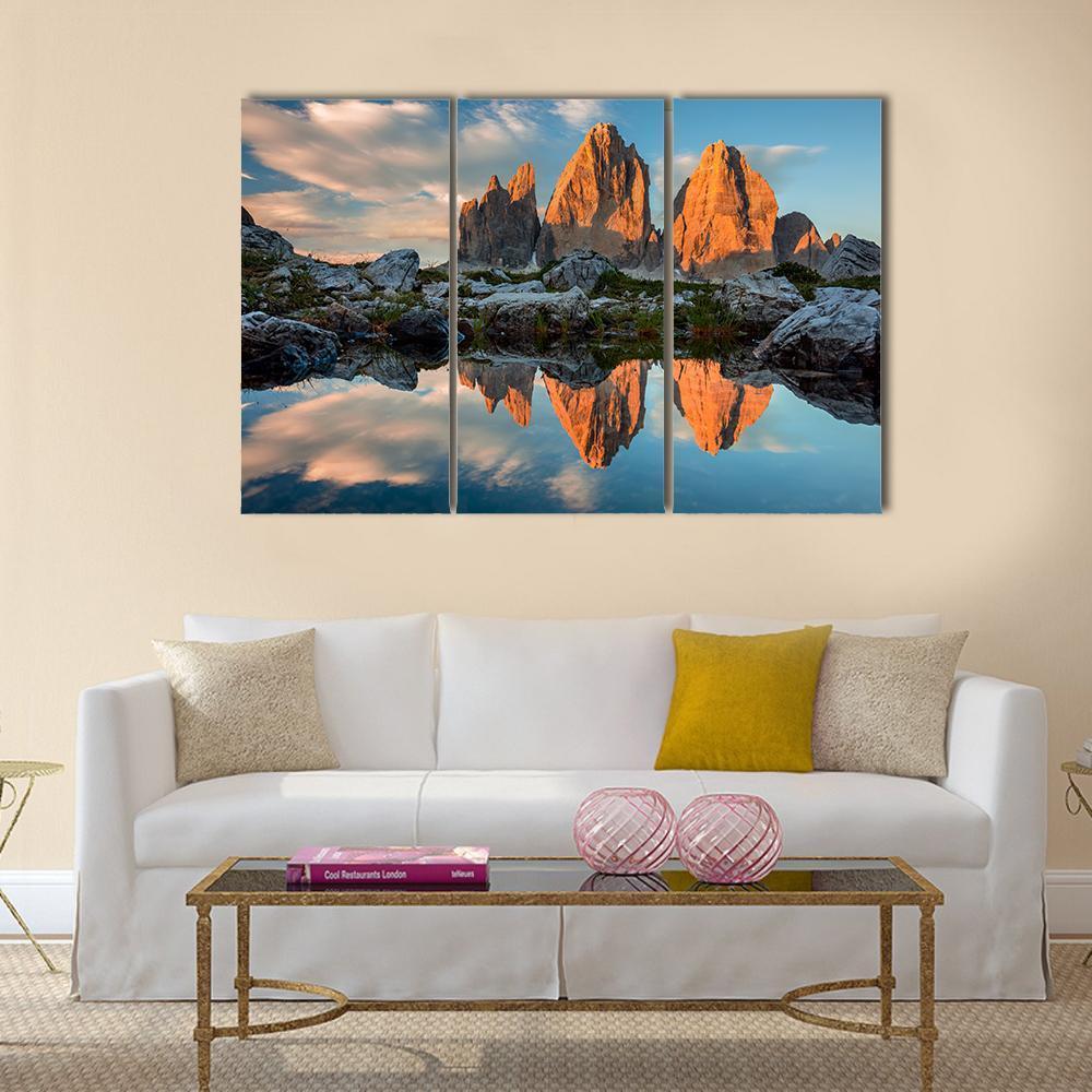 Tre Cime di Lavaredo With Reflection In Lake Canvas Wall Art-3 Horizontal-Gallery Wrap-37" x 24"-Tiaracle