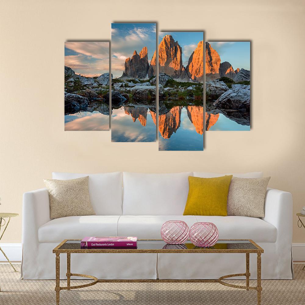 Tre Cime di Lavaredo With Reflection In Lake Canvas Wall Art-4 Pop-Gallery Wrap-50" x 32"-Tiaracle