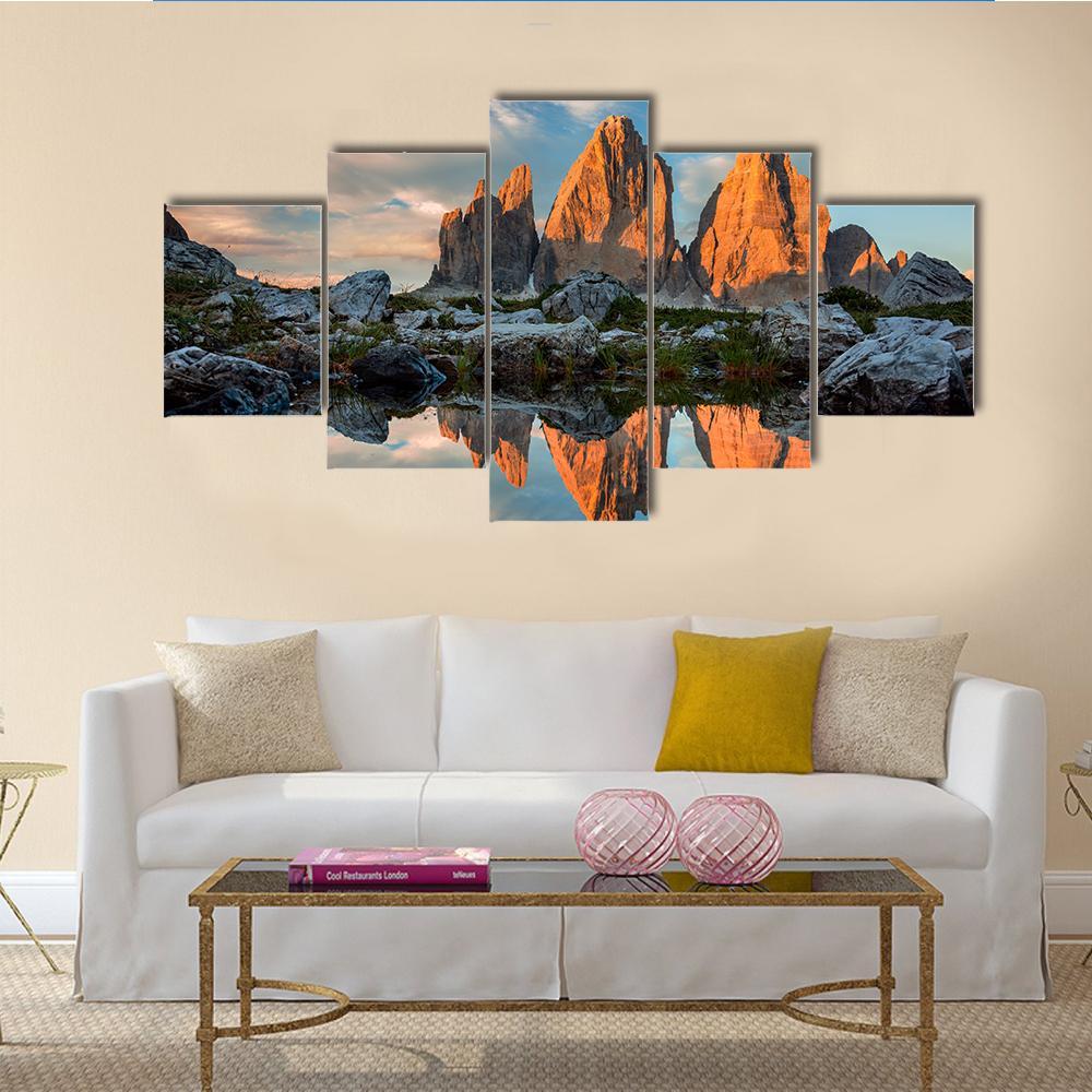 Tre Cime di Lavaredo With Reflection In Lake Canvas Wall Art-5 Star-Gallery Wrap-62" x 32"-Tiaracle
