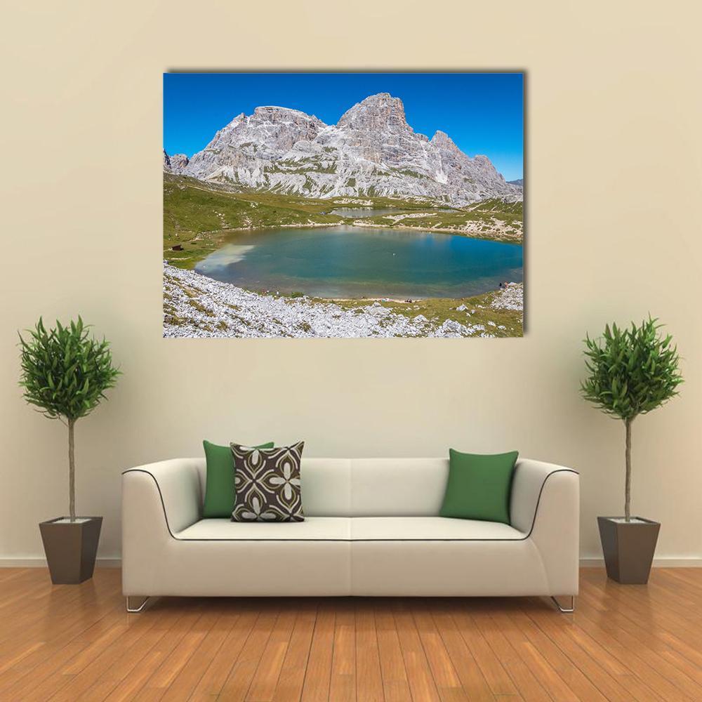 Tre Cime Lake in Dolomites Canvas Wall Art in gray, green and blue, single panel hung on a wall