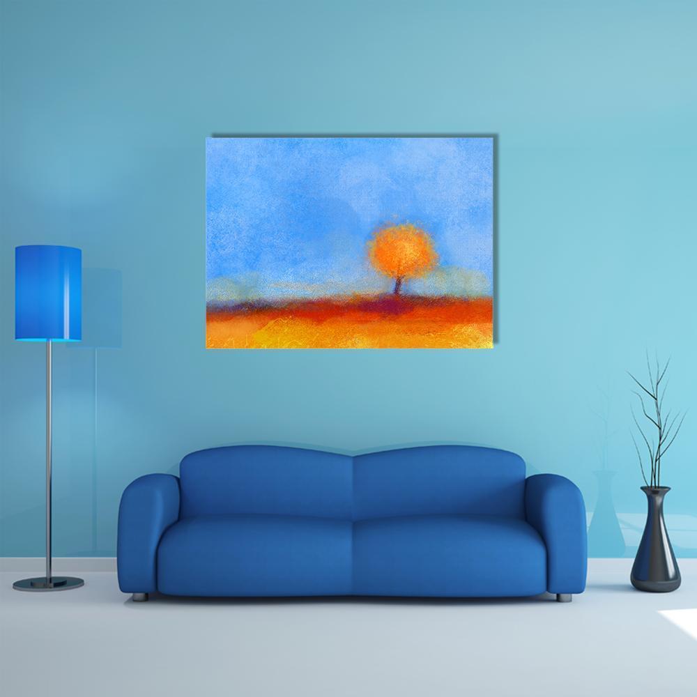 Autumn Tree and Field Oil Painting Canvas Wall Art in orange, yellow and blue, single panel hung on a wall