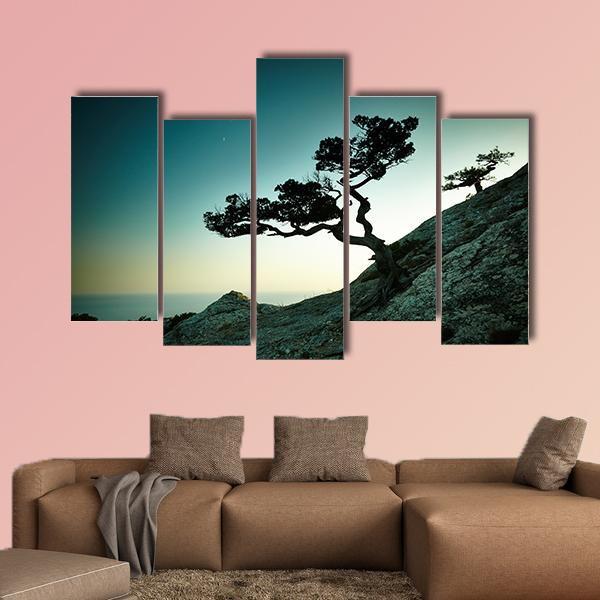 Tree & Sea At Sunset Canvas Wall Art-5 Pop-Gallery Wrap-47" x 32"-Tiaracle