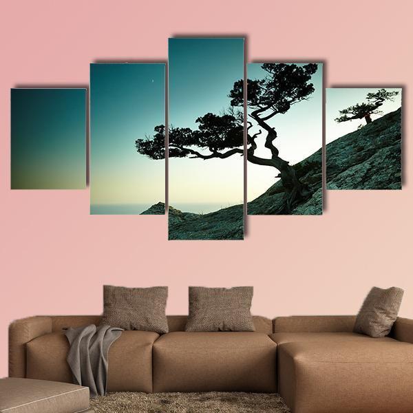 Tree & Sea At Sunset Canvas Wall Art-5 Star-Gallery Wrap-62" x 32"-Tiaracle