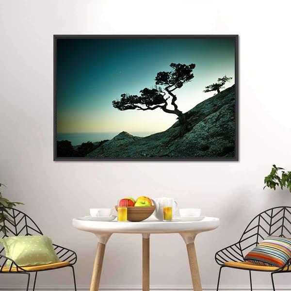 Tree &amp; Sea At Sunset Canvas Wall Art-1 Piece-Floating Frame-24" x 16"-Tiaracle
