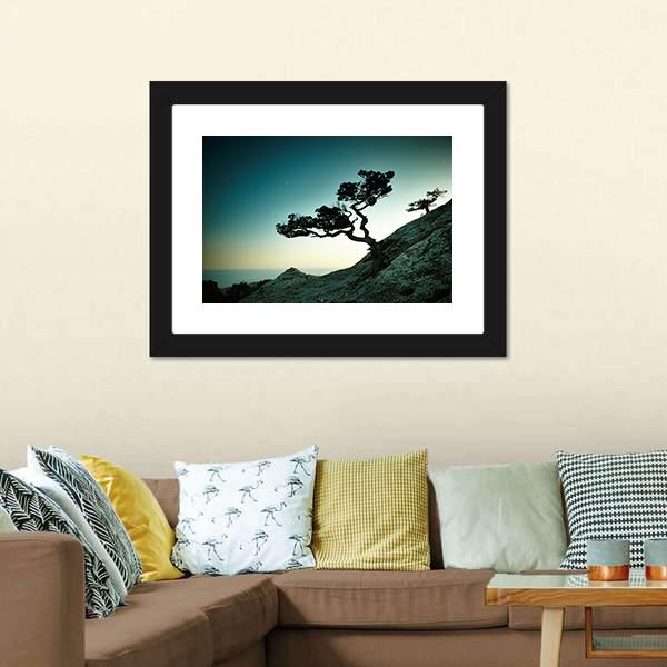 Tree &amp; Sea At Sunset Canvas Wall Art-1 Piece-Framed Print-20" x 16"-Tiaracle