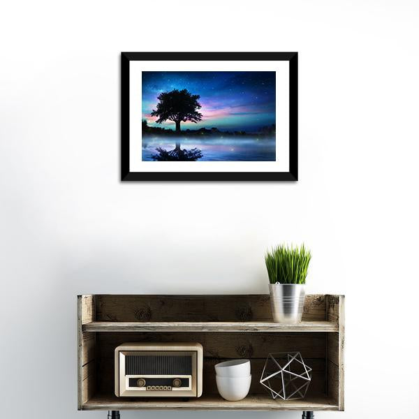 Tree At Starry Night Canvas Wall Art-1 Piece-Framed Print-20" x 16"-Tiaracle