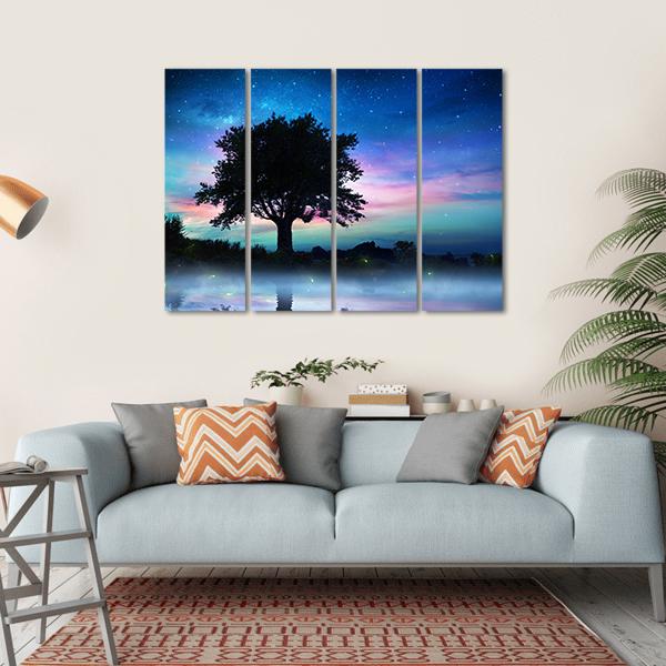 Tree At Starry Night Canvas Wall Art-4 Horizontal-Gallery Wrap-34" x 24"-Tiaracle