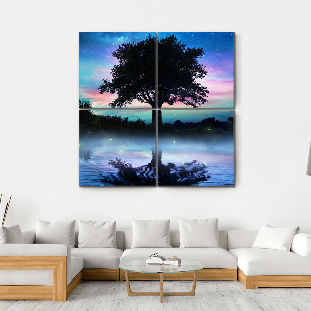 Tree At Starry Night Canvas Wall Art-4 Square-Gallery Wrap-17" x 17"-Tiaracle