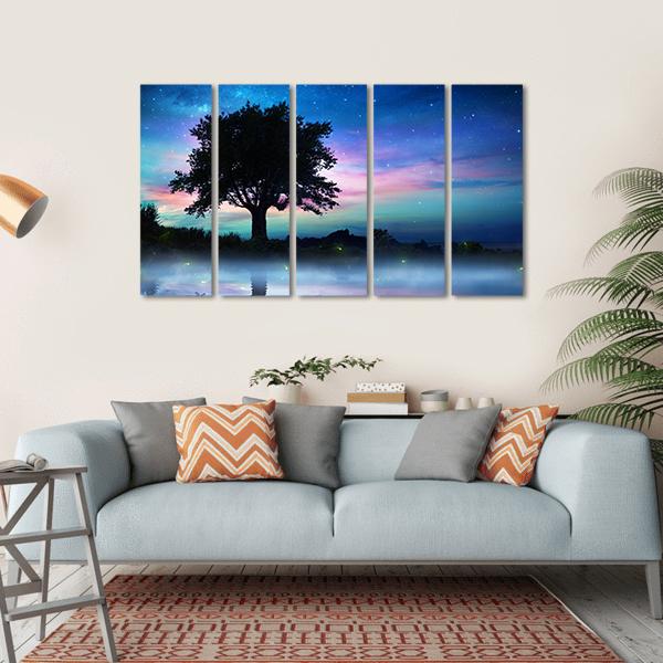 Tree At Starry Night Canvas Wall Art-5 Horizontal-Gallery Wrap-22" x 12"-Tiaracle