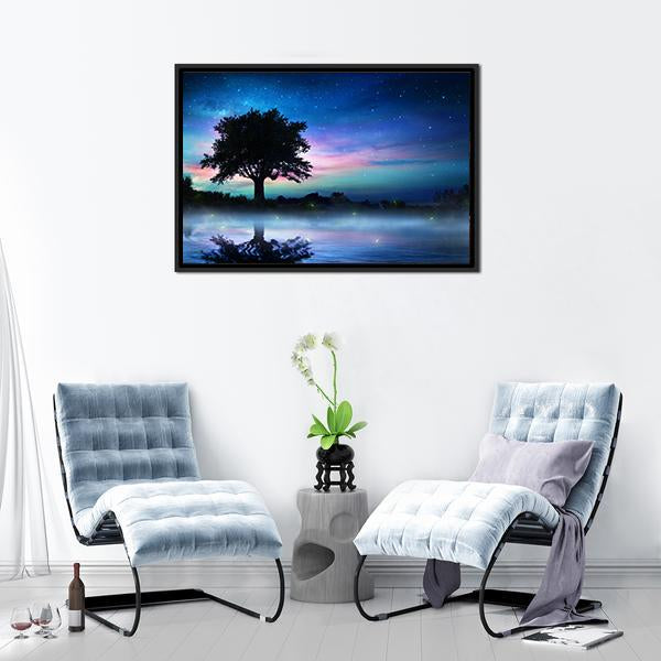 Tree At Starry Night Canvas Wall Art-5 Horizontal-Gallery Wrap-22" x 12"-Tiaracle