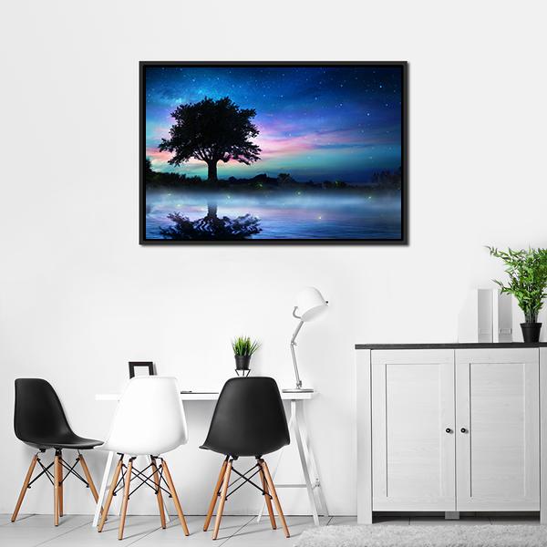 Tree At Starry Night Canvas Wall Art-5 Horizontal-Gallery Wrap-22" x 12"-Tiaracle