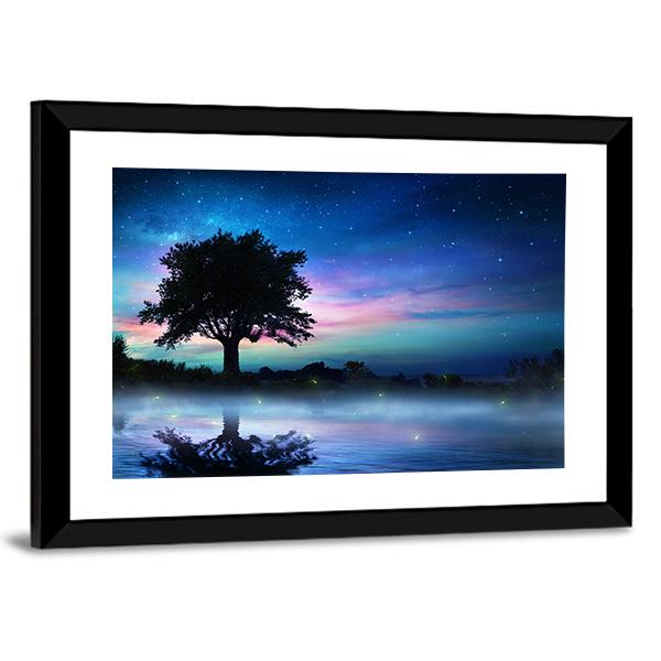 Tree At Starry Night Canvas Wall Art-5 Horizontal-Gallery Wrap-22" x 12"-Tiaracle
