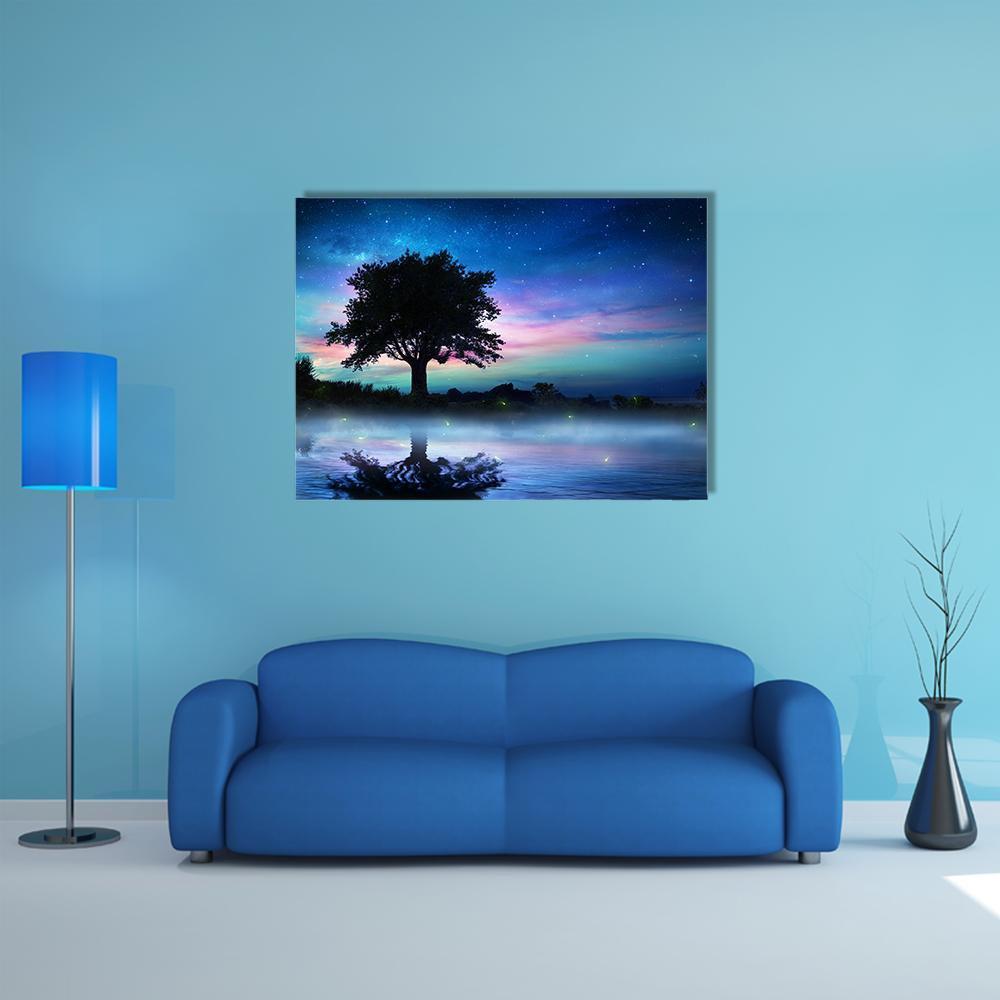 Tree At Starry Night Canvas Wall Art-1 Piece-Gallery Wrap-48" x 32"-Tiaracle