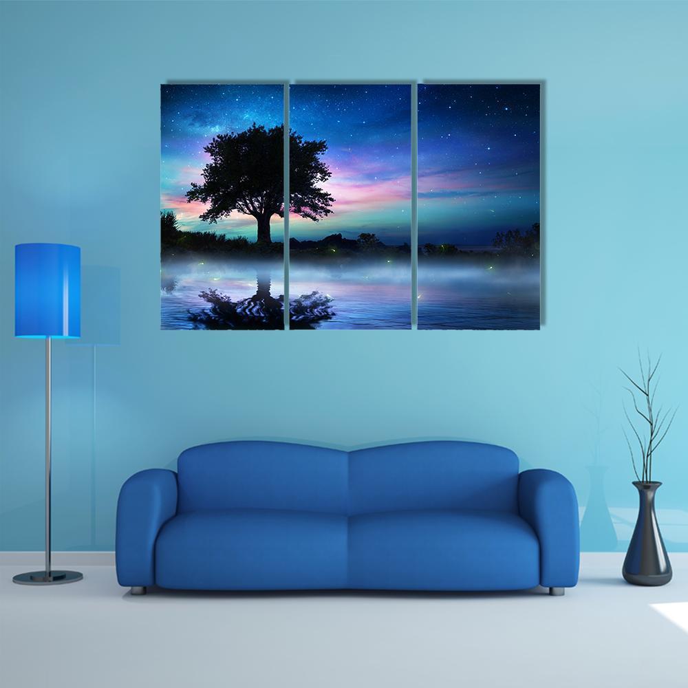 Tree At Starry Night Canvas Wall Art-3 Horizontal-Gallery Wrap-37&quot; x 24&quot;-Tiaracle