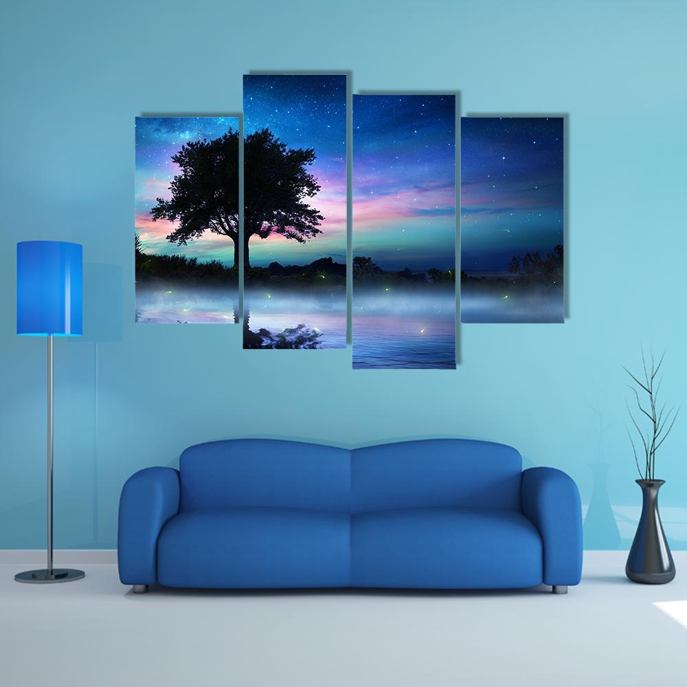 Tree At Starry Night Canvas Wall Art-4 Pop-Gallery Wrap-50&quot; x 32&quot;-Tiaracle