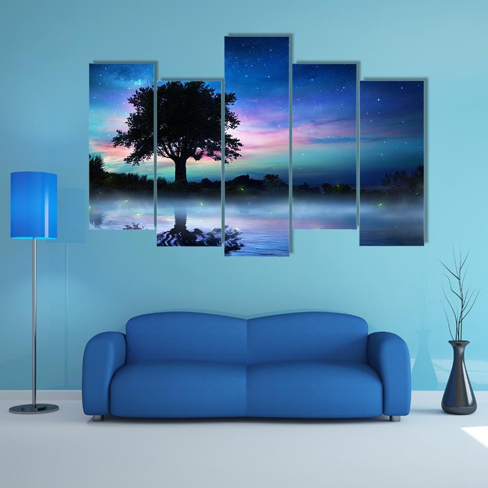 Tree At Starry Night Canvas Wall Art-5 Pop-Gallery Wrap-47&quot; x 32&quot;-Tiaracle