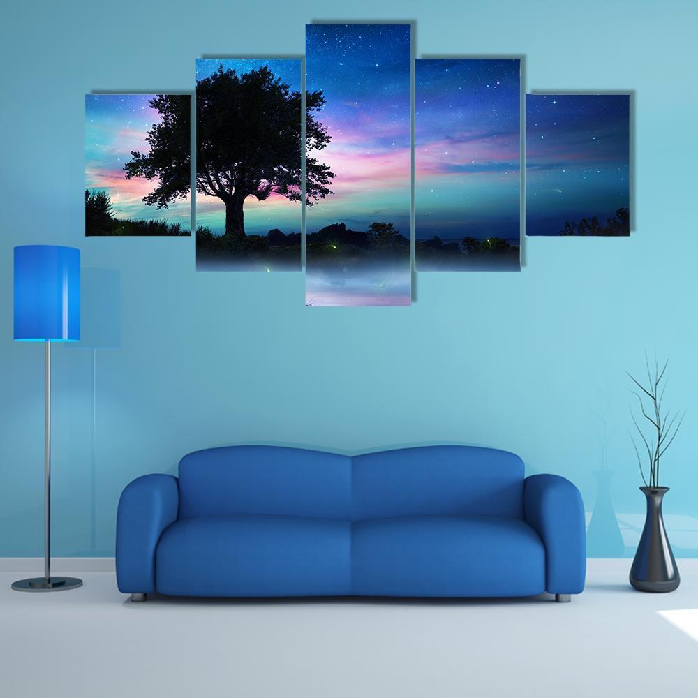 Tree At Starry Night Canvas Wall Art-5 Star-Gallery Wrap-62&quot; x 32&quot;-Tiaracle