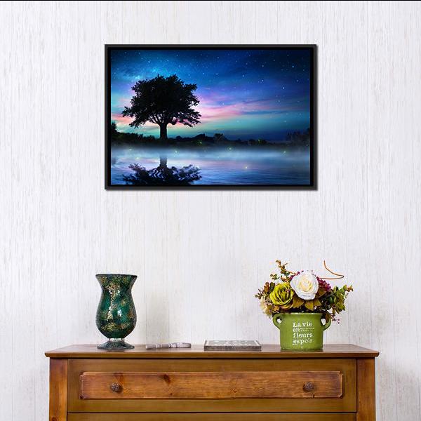 Tree At Starry Night Canvas Wall Art-1 Piece-Floating Frame-24&quot; x 16&quot;-Tiaracle