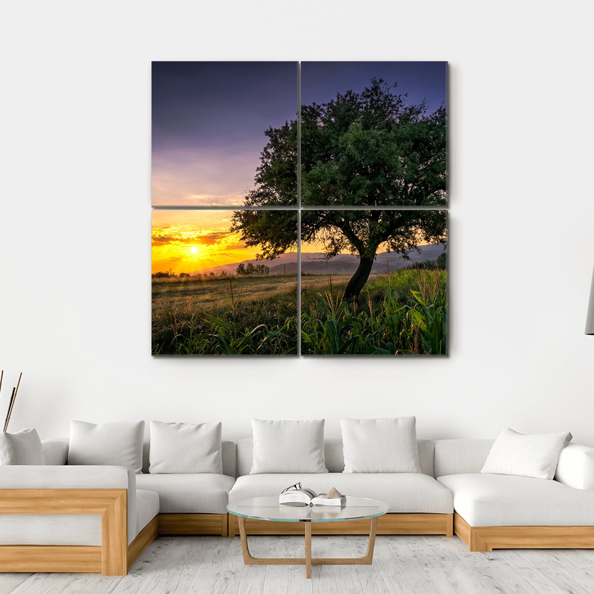 Tree By A Corn Field At Sunset Canvas Wall Art-4 Square-Gallery Wrap-17" x 17"-Tiaracle