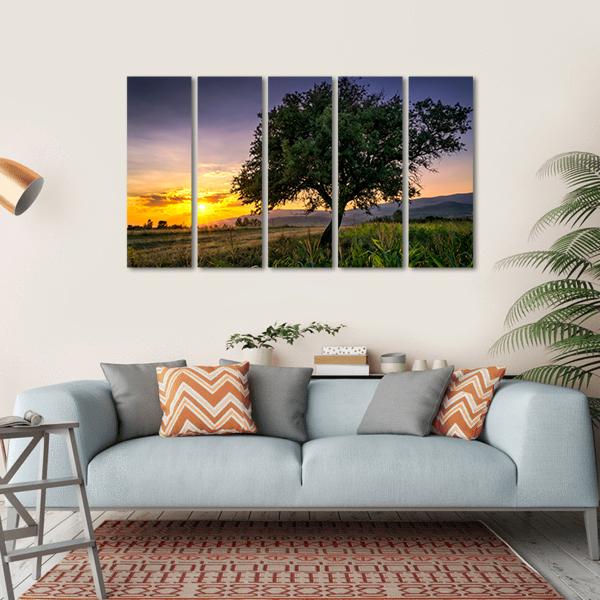 Tree By A Corn Field At Sunset Canvas Wall Art-4 Horizontal-Gallery Wrap-34" x 24"-Tiaracle