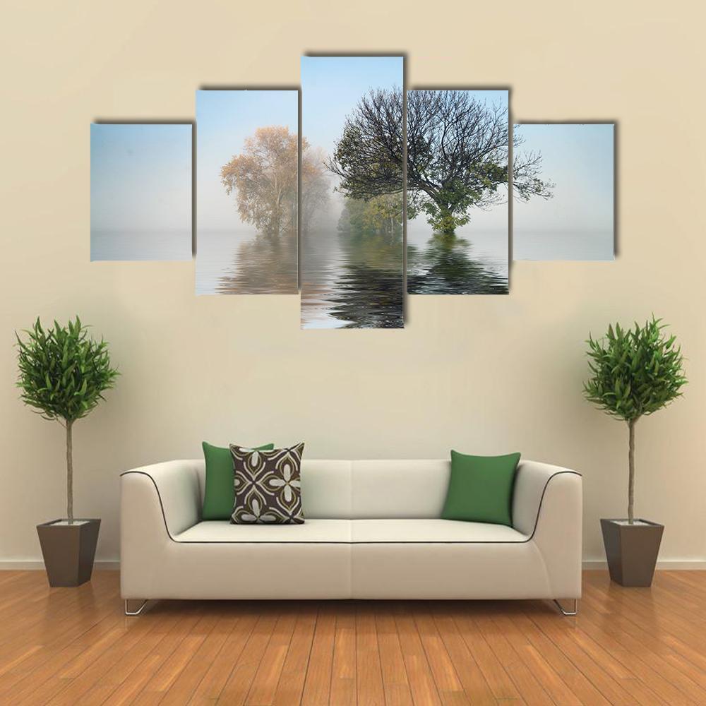 Tree In A Lake Canvas Wall Art-5 Star-Gallery Wrap-62" x 32"-Tiaracle