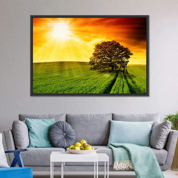 Tree In Field At Sunset Canvas Wall Art-3 Horizontal-Gallery Wrap-25" x 16"-Tiaracle