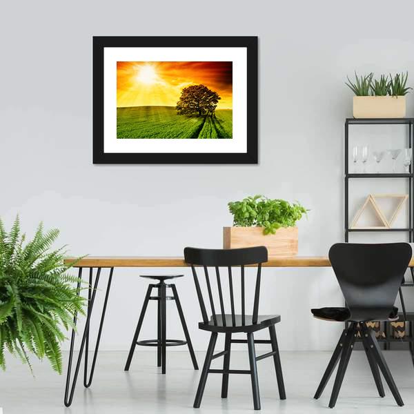 Tree In Field At Sunset Canvas Wall Art-3 Horizontal-Gallery Wrap-25" x 16"-Tiaracle