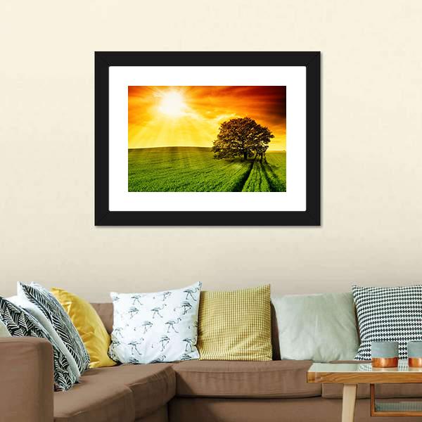 Tree In Field At Sunset Canvas Wall Art-3 Horizontal-Gallery Wrap-25" x 16"-Tiaracle