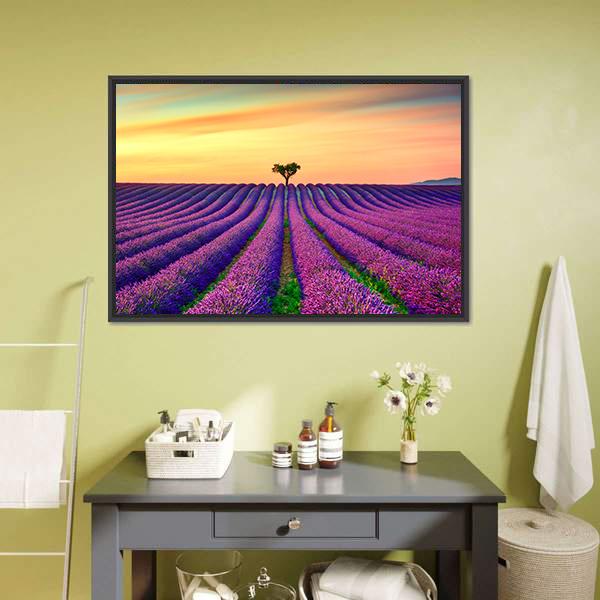 Tree In Lavender Field Canvas Wall Art-1 Piece-Floating Frame-24" x 16"-Tiaracle