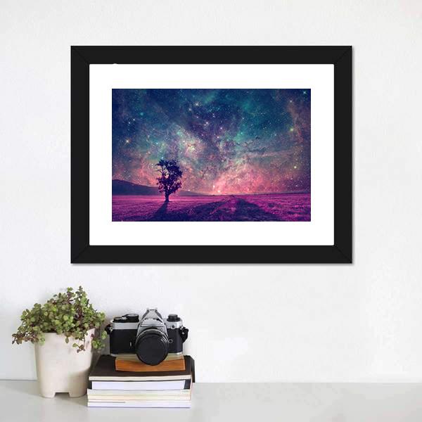 Tree In Purple Field Canvas Wall Art-1 Piece-Framed Print-20" x 16"-Tiaracle