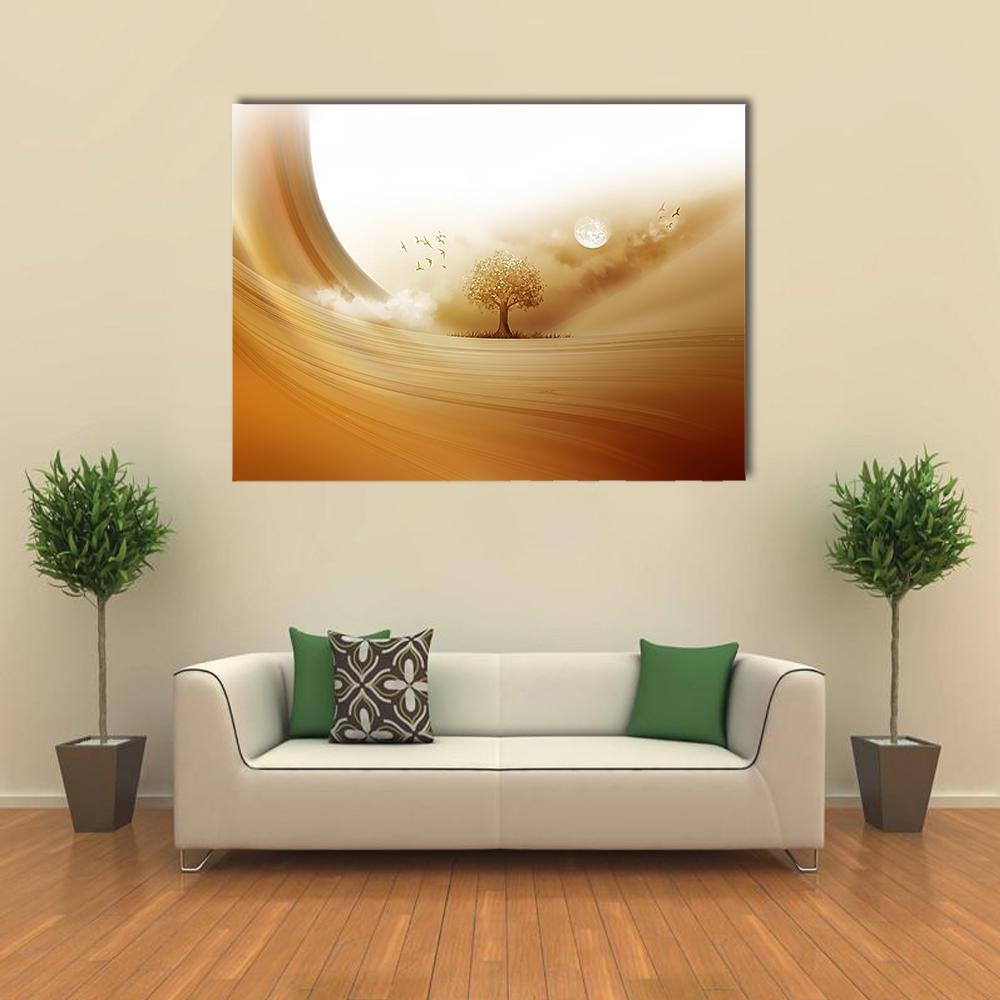 Moonlit Desert Tree with Golden Leaves Canvas Wall Art in white, brown and gold, single panel hung on a wall