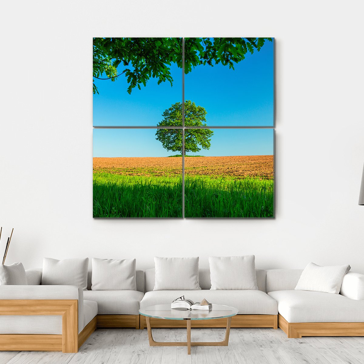 Tree In The Field And Blue Sky Canvas Wall Art-5 Horizontal-Gallery Wrap-22" x 12"-Tiaracle