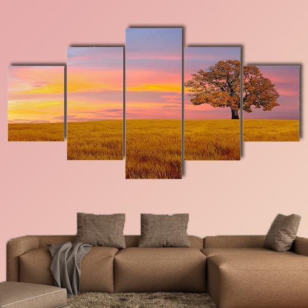 Tree In The Field With Clouds Canvas Wall Art-5 Star-Gallery Wrap-62" x 32"-Tiaracle