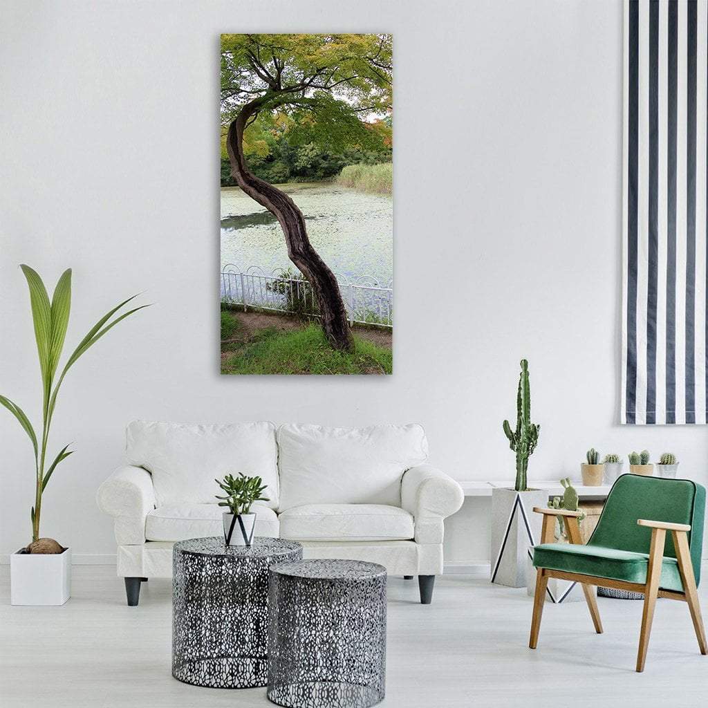 Tree Leaves With Lake Vertical Canvas Wall Art-1 Vertical-Gallery Wrap-12" x 24"-Tiaracle