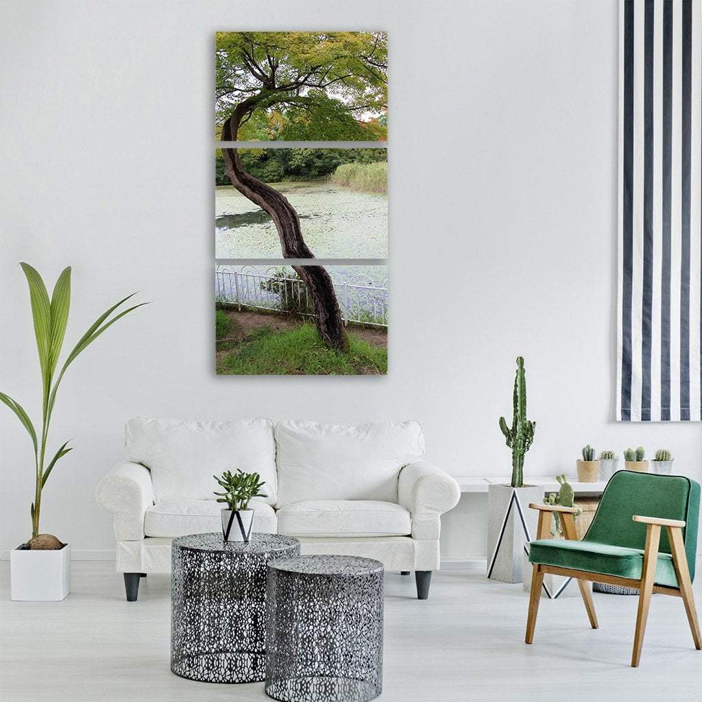 Tree Leaves With Lake Vertical Canvas Wall Art-3 Vertical-Gallery Wrap-12" x 25"-Tiaracle