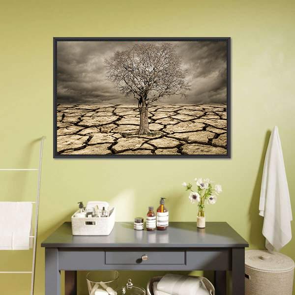 Tree On Cracked Mud Canvas Wall Art-1 Piece-Floating Frame-24" x 16"-Tiaracle