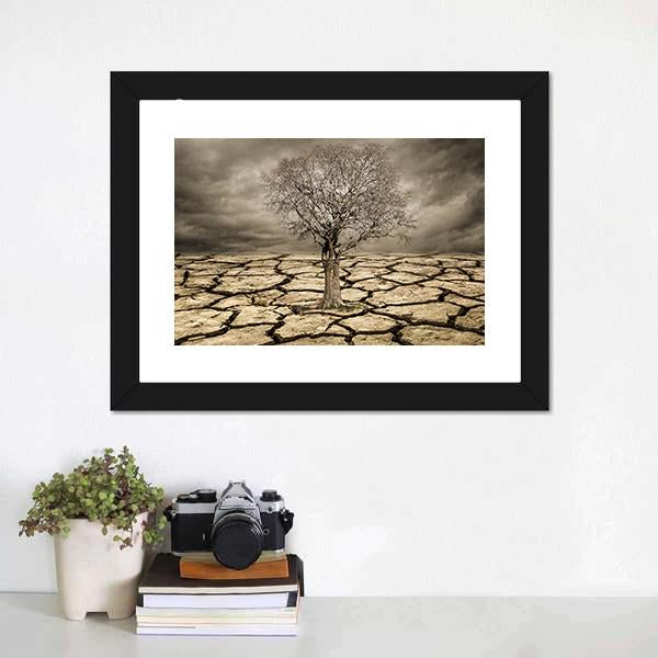 Tree On Cracked Mud Canvas Wall Art-1 Piece-Framed Print-20" x 16"-Tiaracle