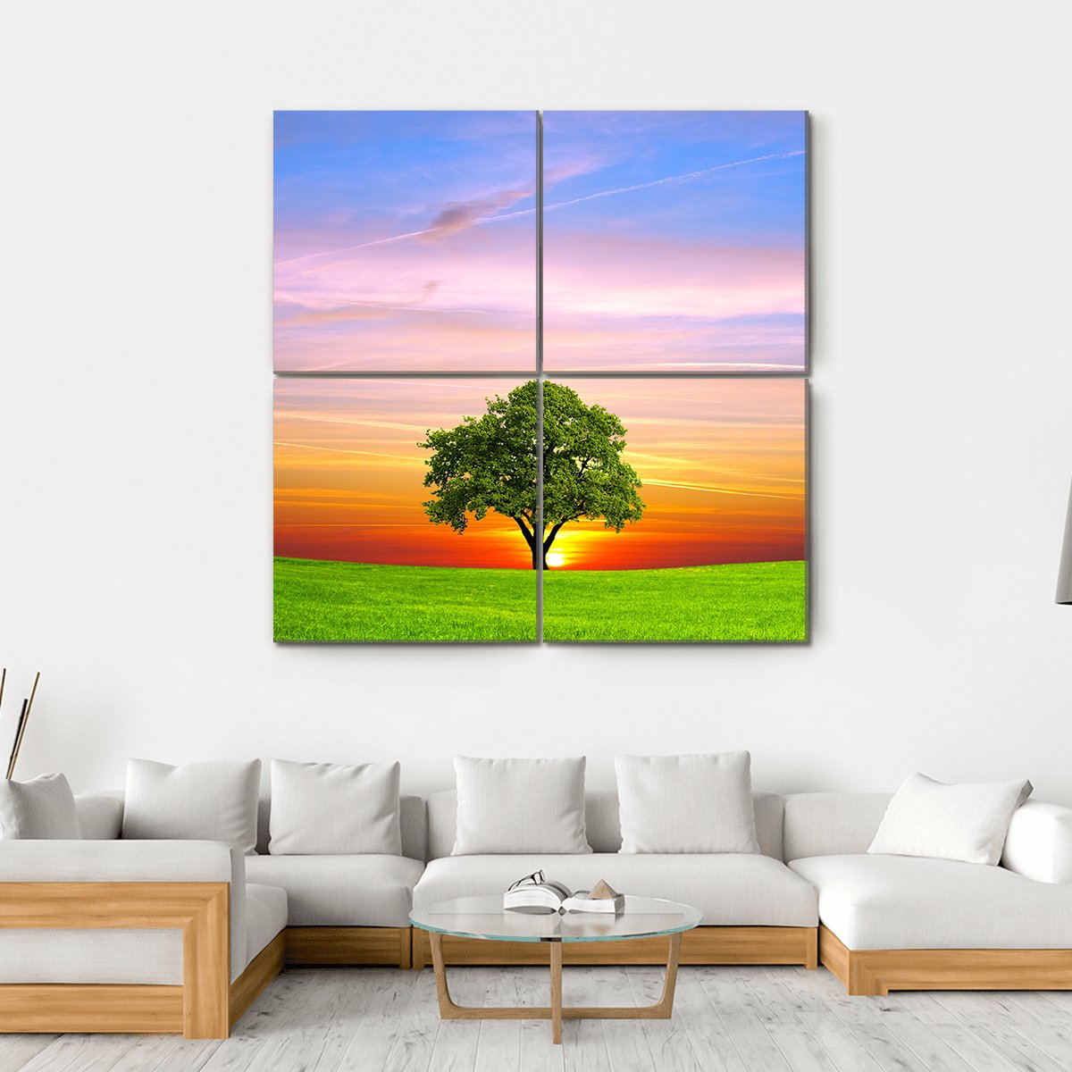 Tree On Field Canvas Wall Art-4 Square-Gallery Wrap-17" x 17"-Tiaracle