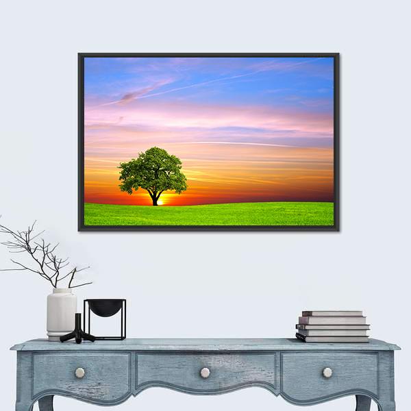 Tree On Field Canvas Wall Art-3 Horizontal-Gallery Wrap-25" x 16"-Tiaracle