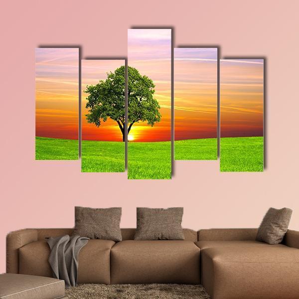 Tree On Field Canvas Wall Art-5 Pop-Gallery Wrap-47" x 32"-Tiaracle