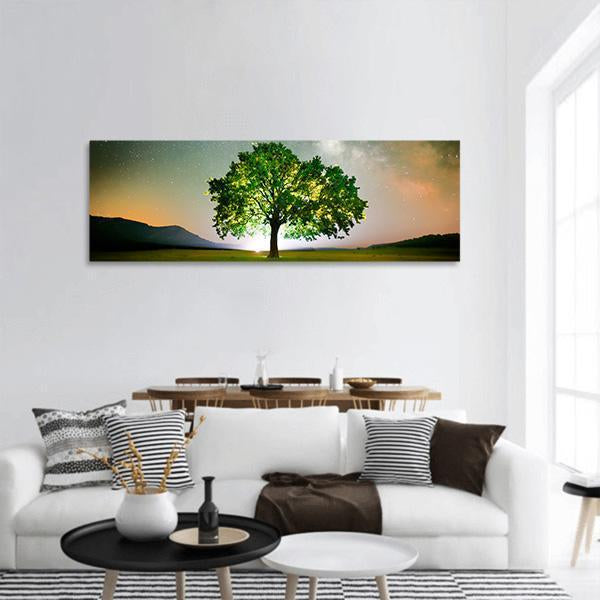 Tree On Field Under Milky Way Galaxy In Romania Panoramic Canvas Wall Art-1 Piece-36" x 12"-Tiaracle