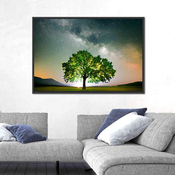 Tree On Field Under Milky Way Galaxy In Romania Panoramic Canvas Wall Art-1 Piece-36" x 12"-Tiaracle